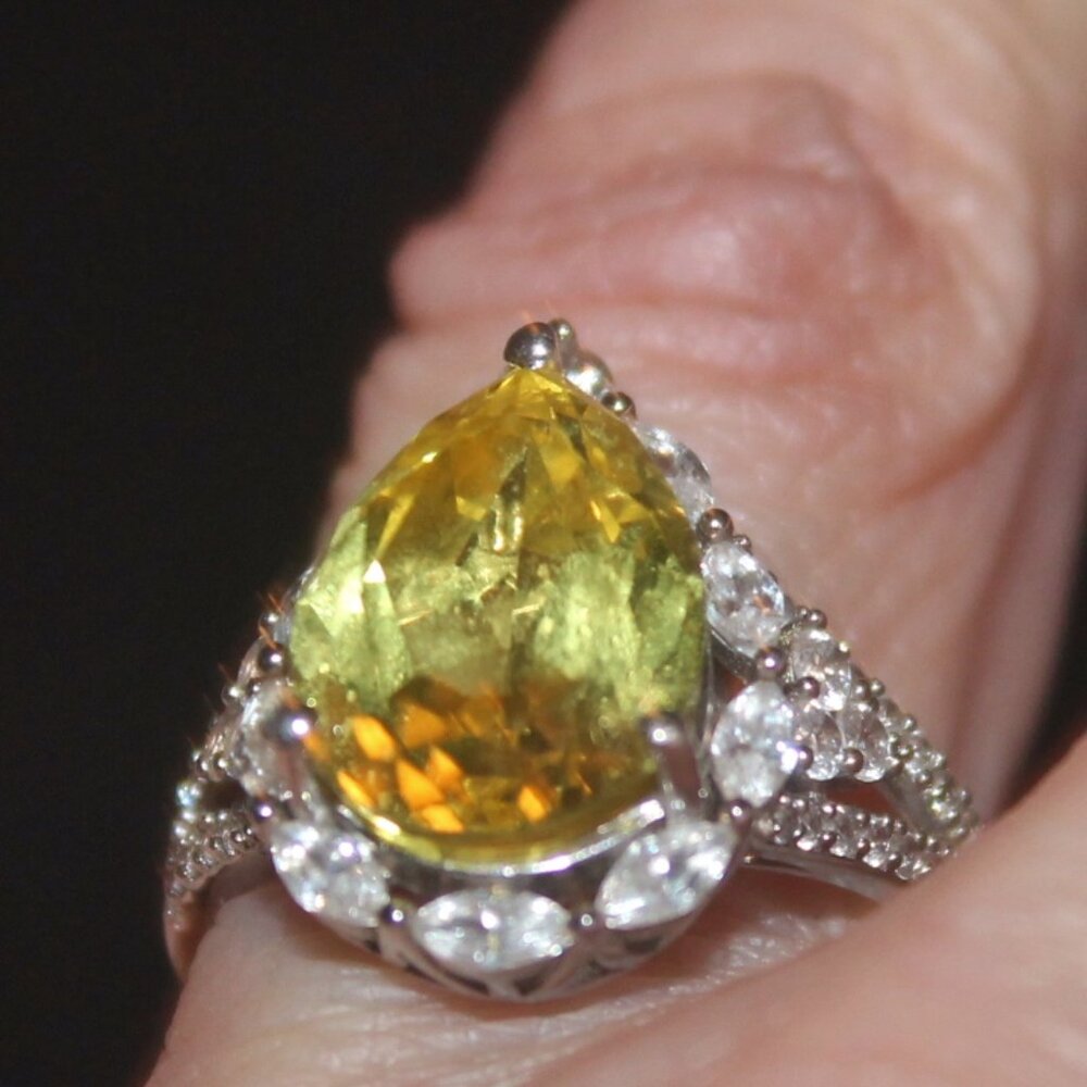 Opulent 925 Sterling Canary Sapphire w Clear Stones Statement Ring